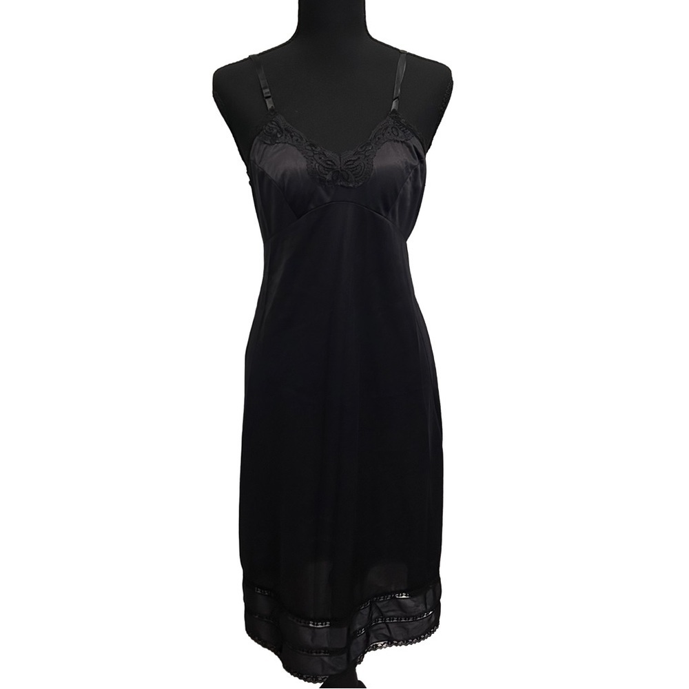 80’s Adonna Sexy Black Lace Trim Full Slip Dress Size 36